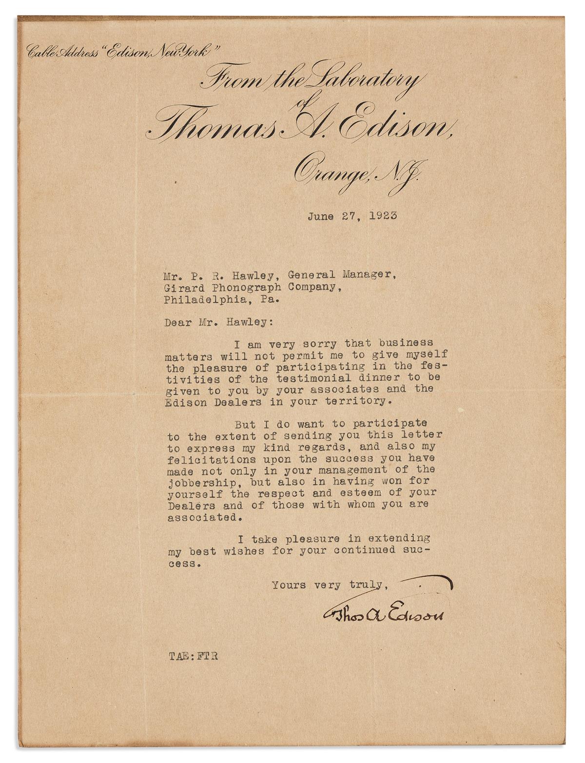 EDISON, THOMAS A. Typed Letter Signed, Thos A Edison, to General Manager of Girard Phonograph Peter R. Hawley,